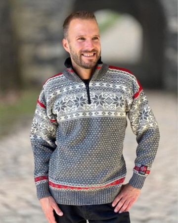 Nordlys Mønstret ullgenser til dame og herre grå natur rød