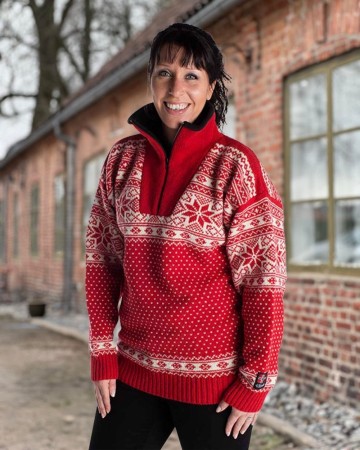 Nordlys Mønstret ullgenser til dame og herre rød natur